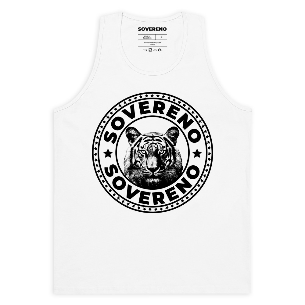 Men's White SOVERENO Tank Top with a Tiger on the front - Model I